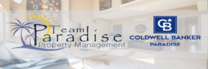 Team Paradise Header logo. Soft image of interior room with Team Paradise Property management CB Paradise